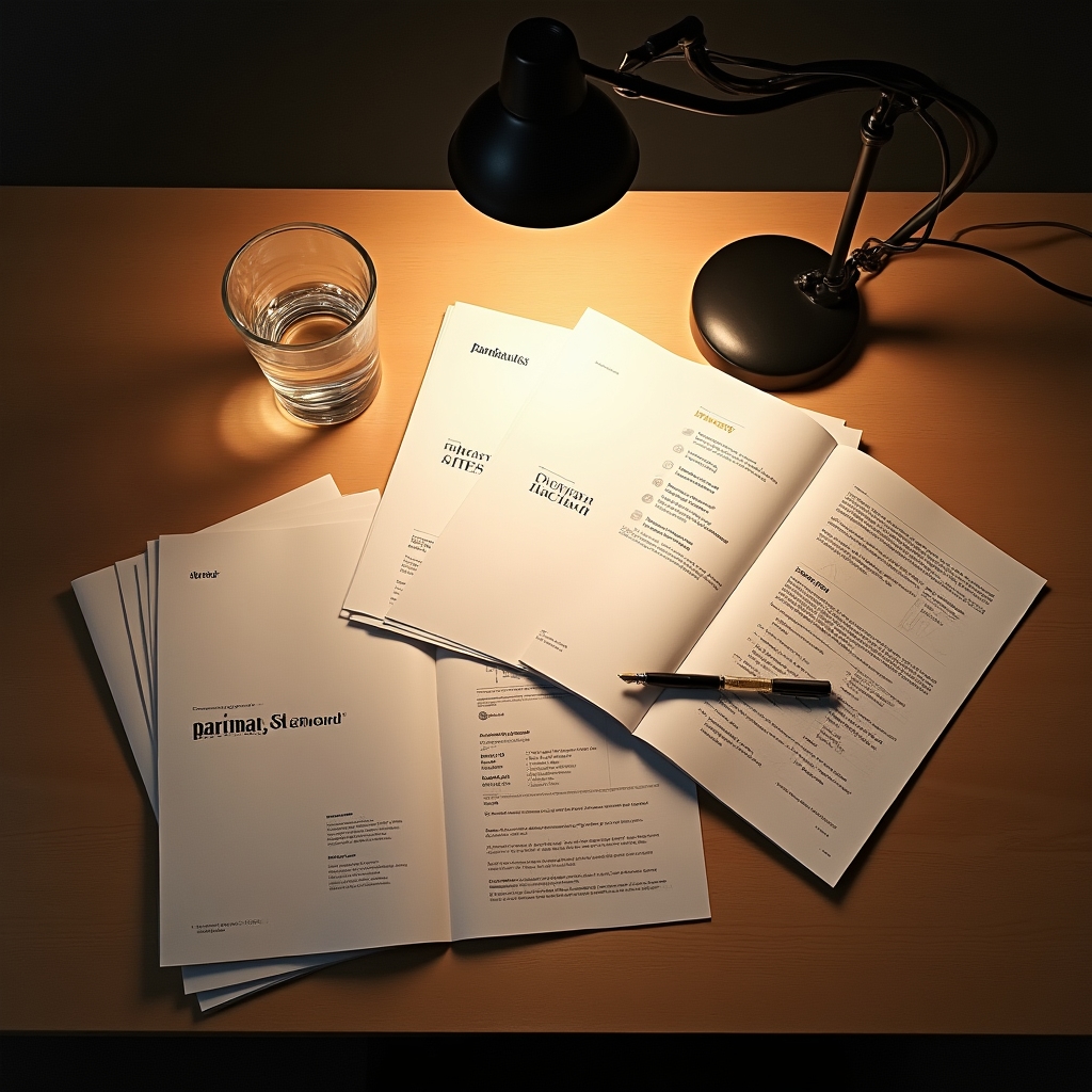 Brand standards documentation spread on a desk showing visual identity guidelines and operational checklists