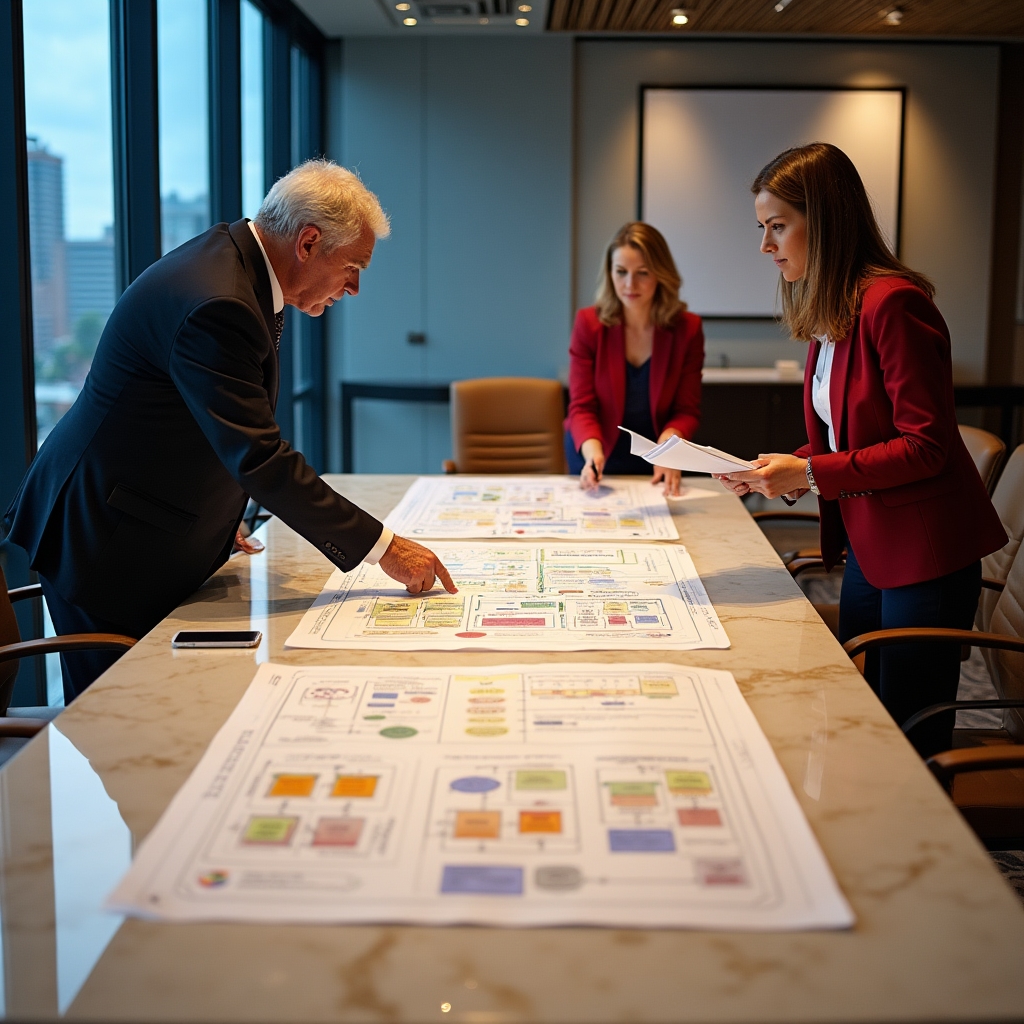 Operational planning session with franchise system documentation and process mapping materials on a large table